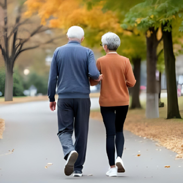 紅葉の中ウォーキングをするシニア夫婦