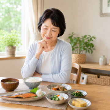 シニア女性が食卓で食事を前に考えているイメージ画像